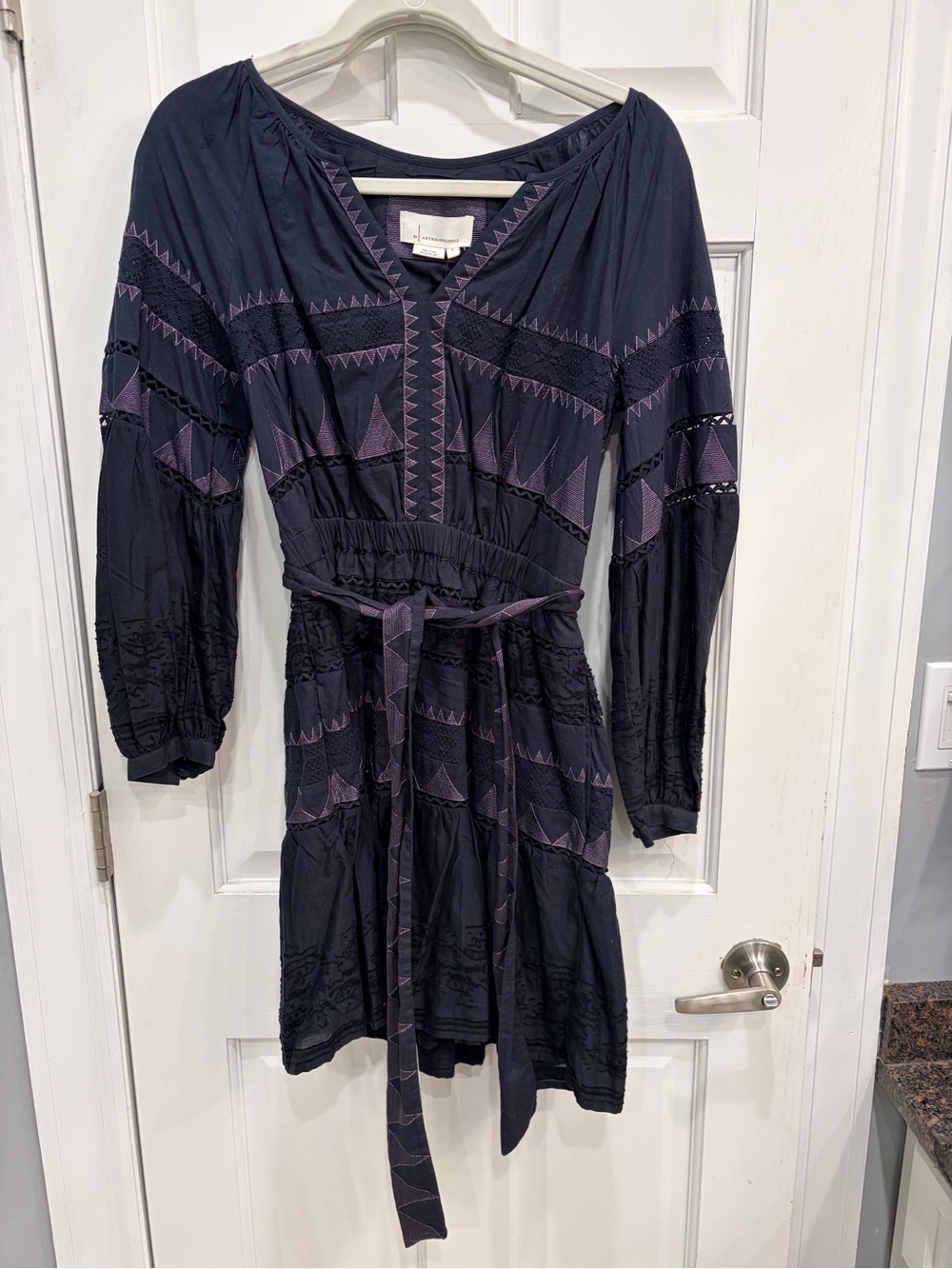 Anthropologie Navy Dress with Purple Embroidery